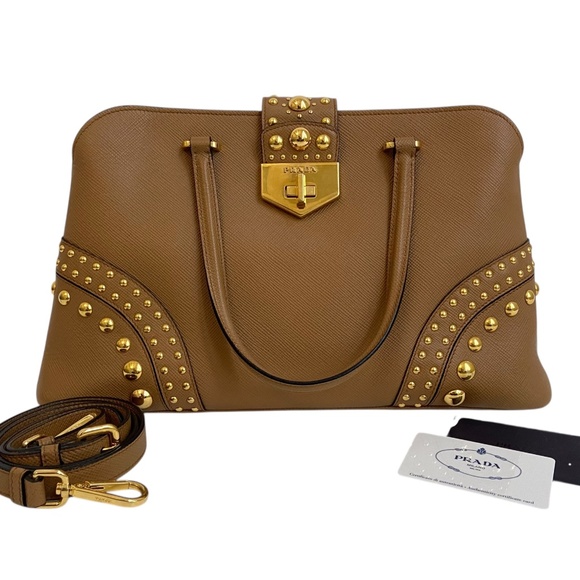 Prada Saffiano Cuir Studded Promenade Shoulder Bag – Authentic COA, Card & Strap - Picture 1 of 16